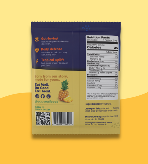Pineapple snack package with nutritional information on a yellow background
