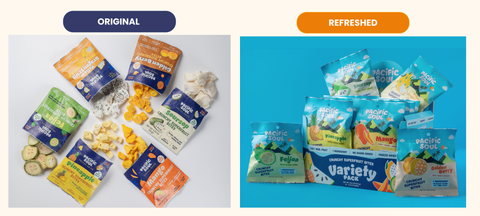 A photo comparing the original packaging with drak blue and the refreshed packaging with light blue and ilustrations of the Colombian mountains that represent teh microcliamtes