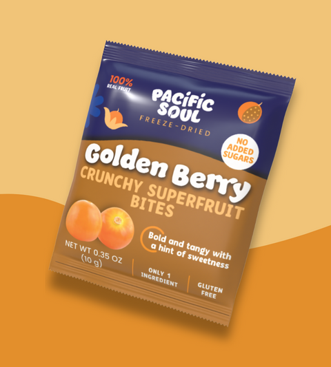 Pacific Soul Golden Berry Crunchy Superfruit Bites packaging on a yellow background