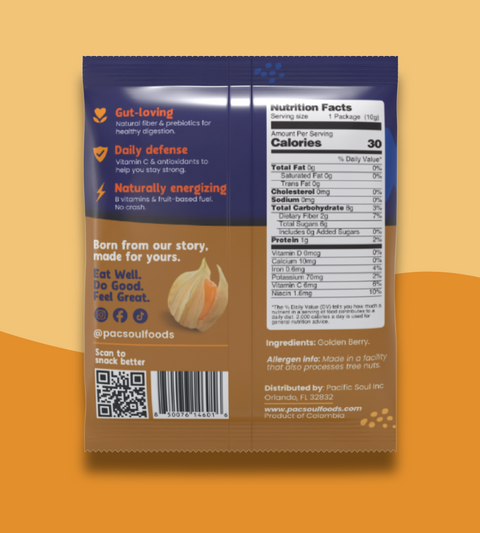 Back of a the Golden Berry snack package with nutritional information and branding on an orange background