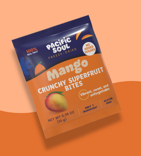 Pacific Soul Mango Crunchy Superfruit Bites packaging on an orange background