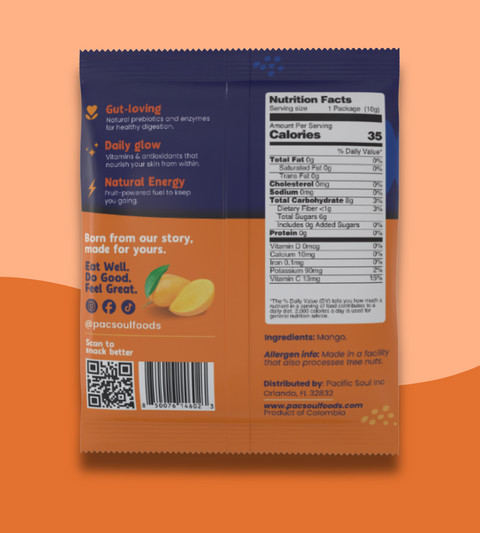 Back the Mango snack package with nutritional information and branding on an orange background