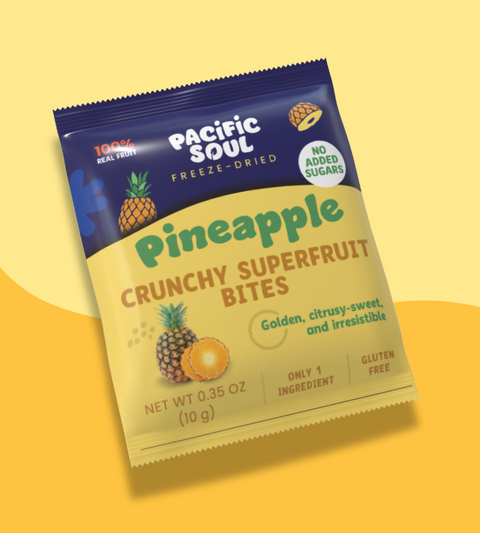 Packaging of Pacific Soul Pineapple Crunchy Superfruit Bites on a yellow background