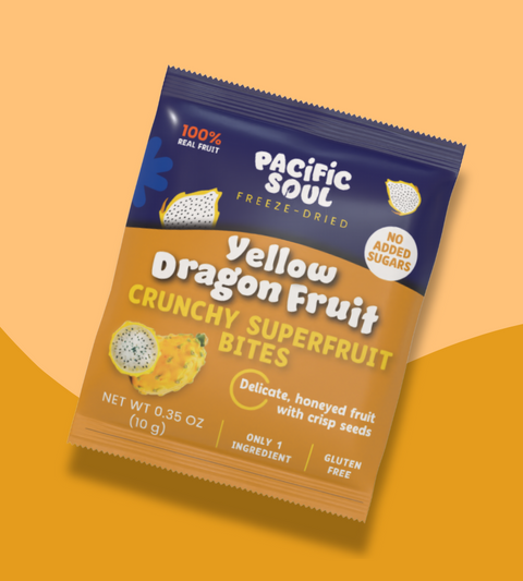 Pacific Soul Yellow Dragon Fruit Crunchy Superfruit Bites packaging on an orange background