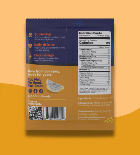Back of a Yellow Dragon fruit package with nutritional information and branding on an orange background